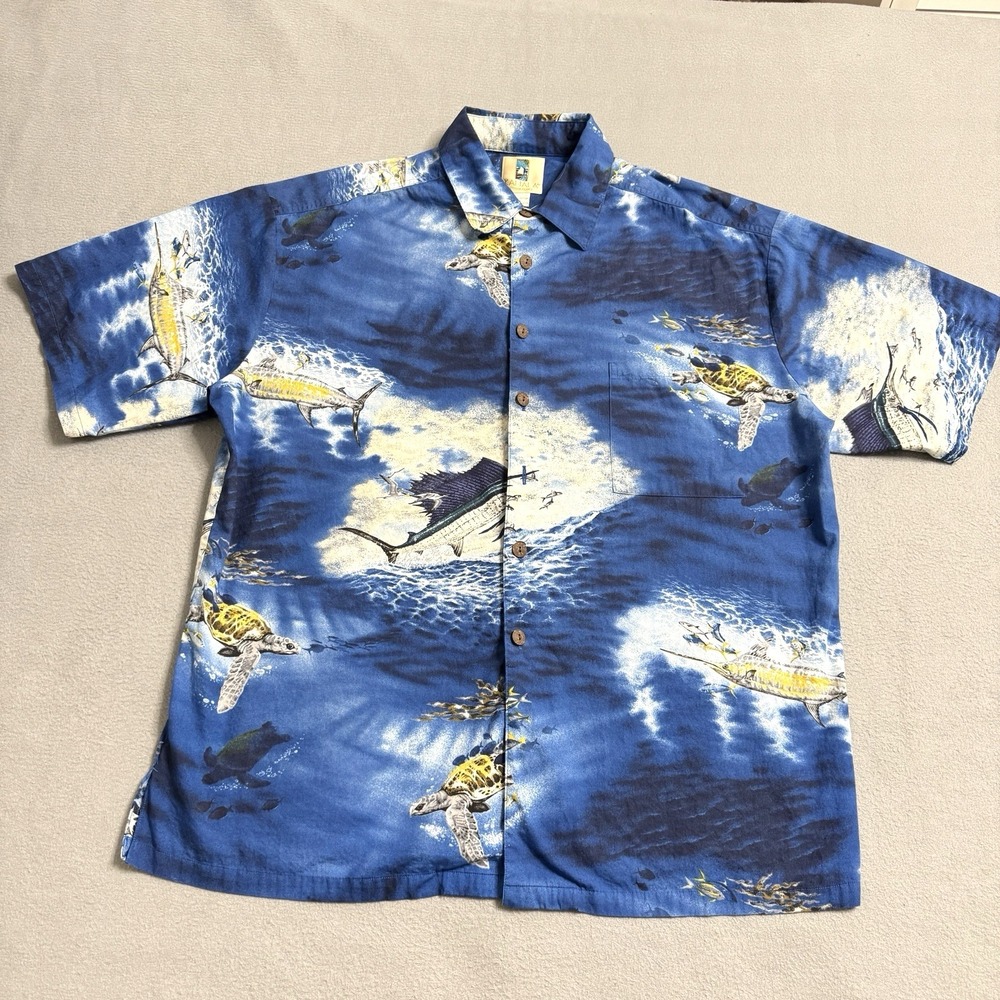 Kahala Hawaiian Shirt Mens XL Blue Fish Ocean Button Up Aloha Marlin Turtle